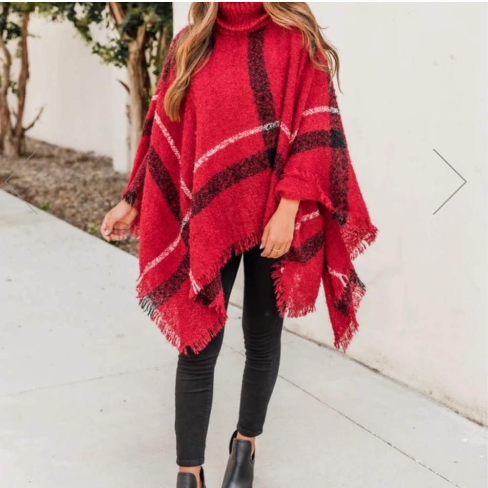 [Pink Lily] Red plaid poncho - one size